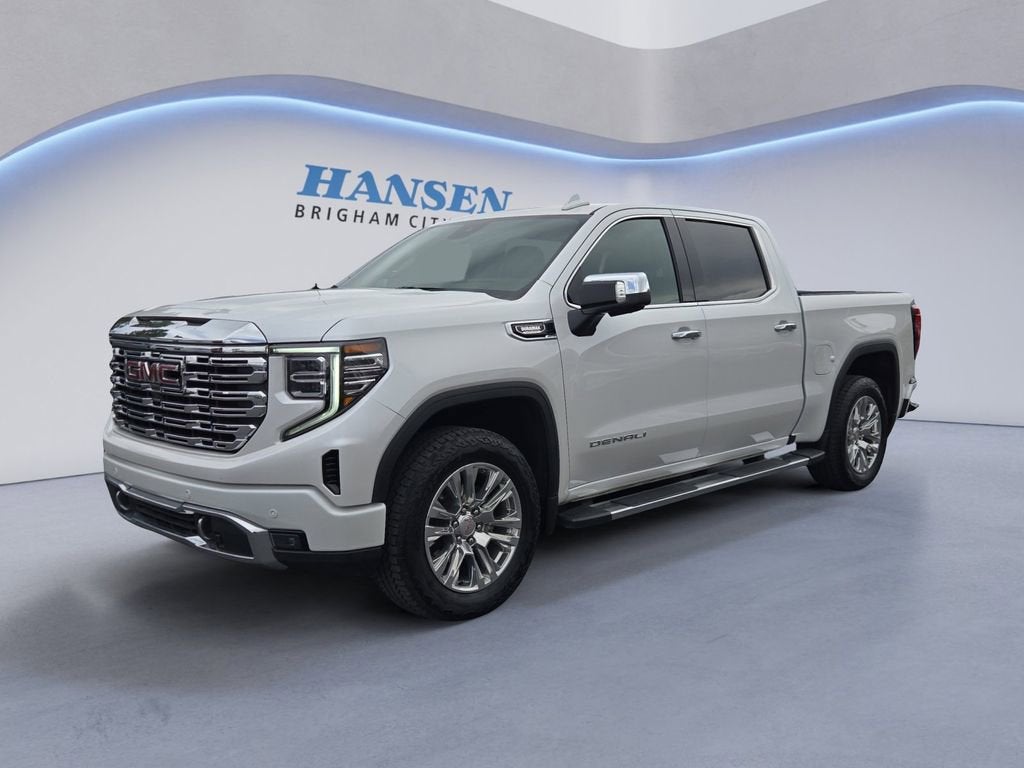 2025 GMC Sierra 1500 Denali in White Frost Tricoat — front three-quarter view